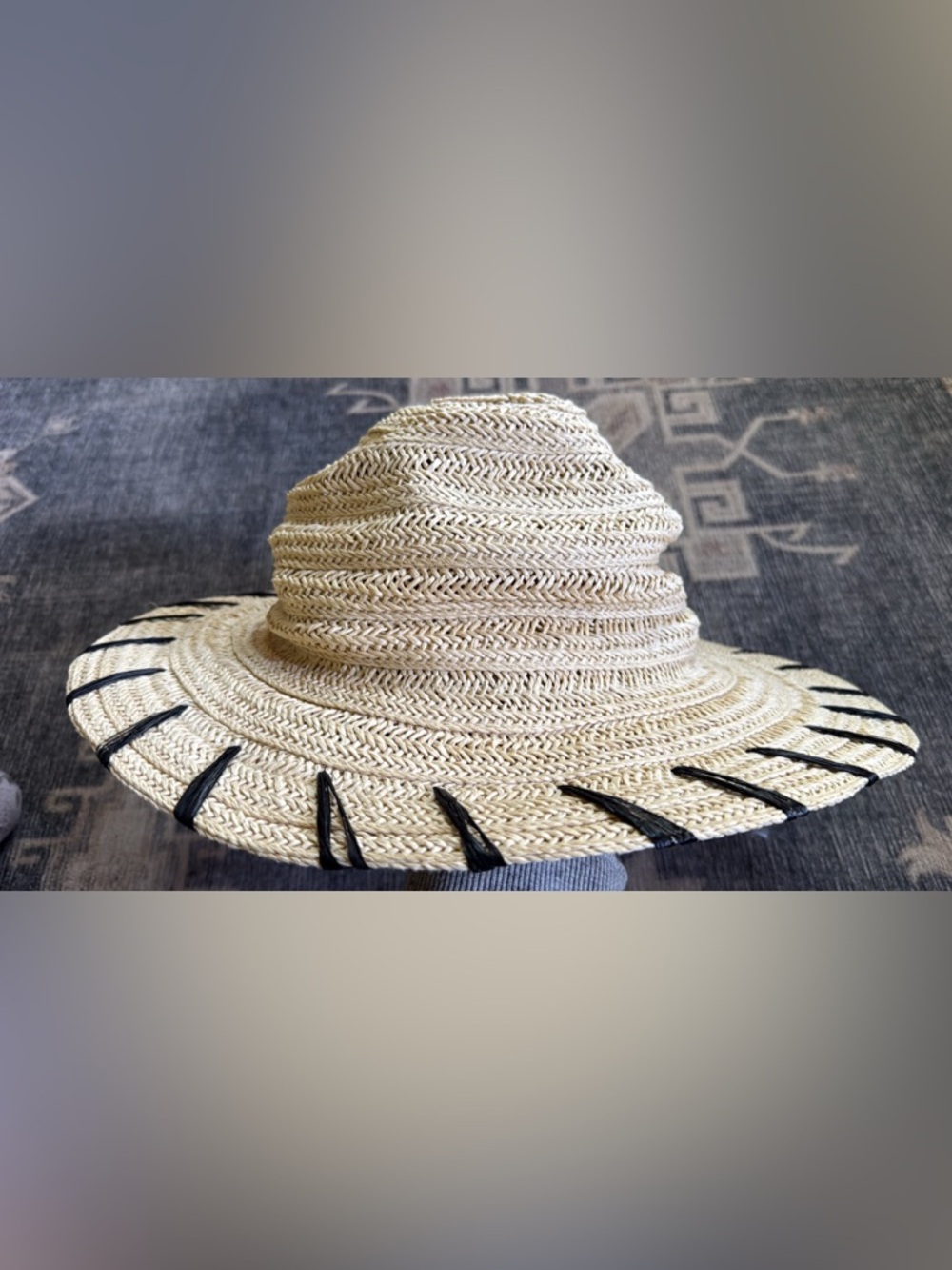 Natural Straw Wide-Brim Sun Hat with Black Stitched Trim